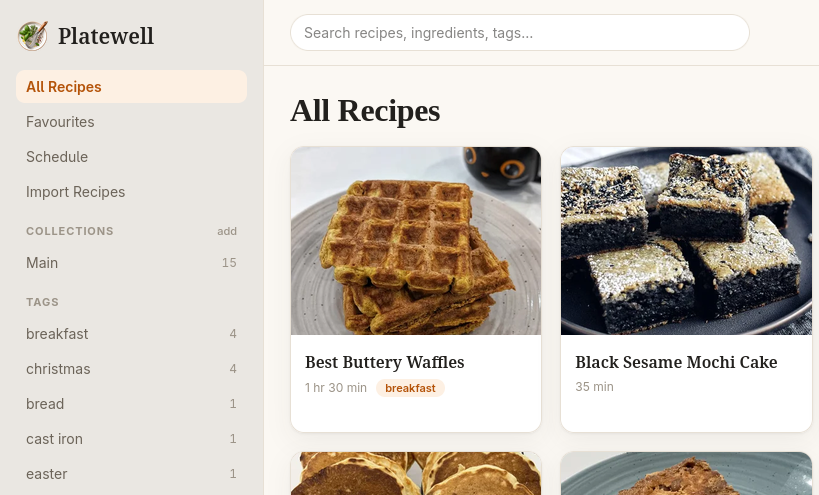 All recipes view of platewell recipe manager