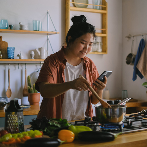 Cooking in the kitchen with a recipe from Platewell on the phone