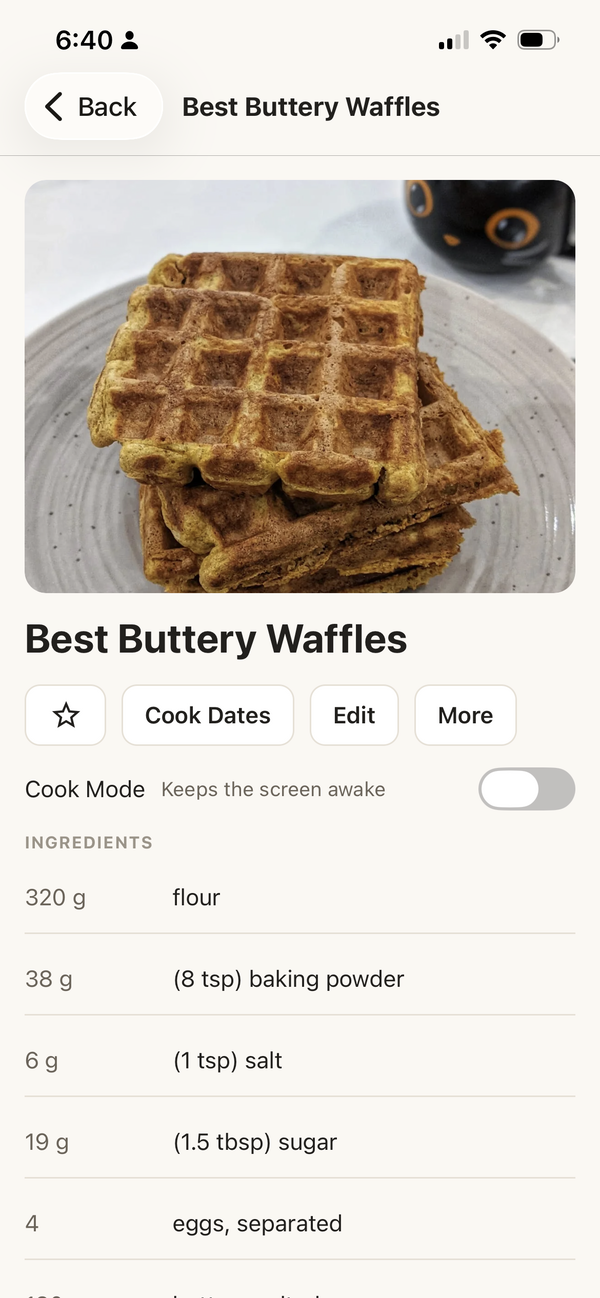 The same waffle recipe in Platewell on a phone