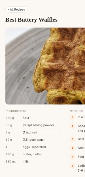 View of a waffle recipe in Platewell
