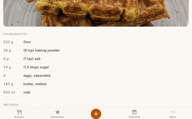 A waffle recipe in Platewell on the web
