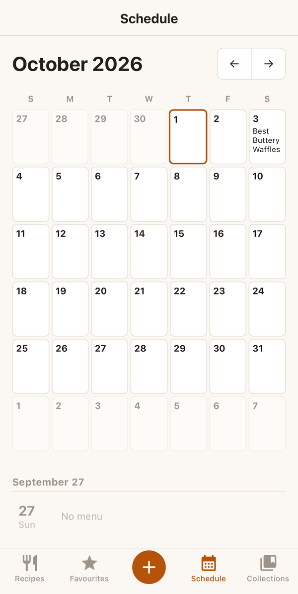 The schedule month grid in Platewell on a phone